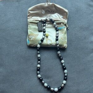 Honora Black and White Pearl Necklace with Floral Pouch
